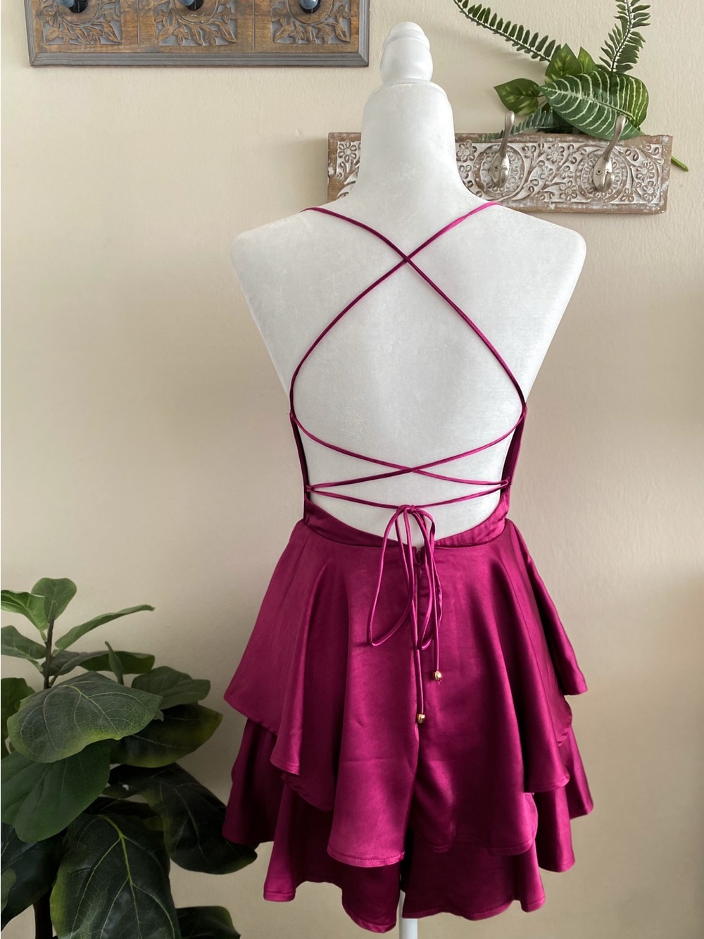 Fuchsia Satin Spaghetti Strap Romper - Picture 3 of 3